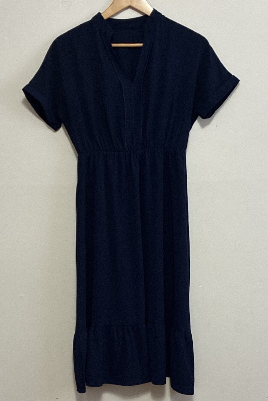 Navy Blue Short Sleeve Ruffle Midi Dress V-Neck Elastic Waist Size M(6) Sundress